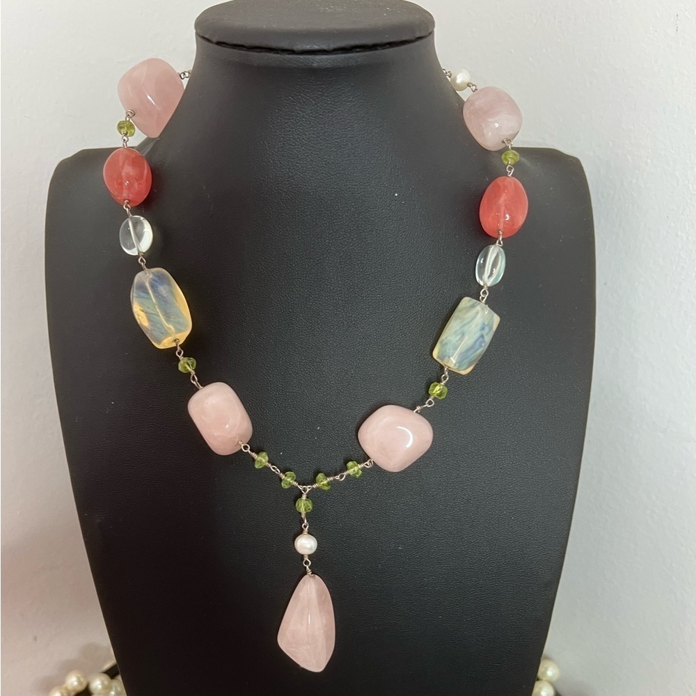 Lilly Pulitzer Rose Quartz Opalite Freshwater Pearl & 925 Necklace 20” D12